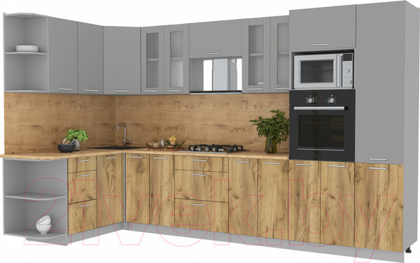 Изображение товара Кухонный гарнитур Интерлиния Мила 1.68x3.4 левая (серебристый/дуб золотой/дуб бунратти)