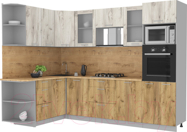 Изображение товара Кухонный гарнитур Интерлиния Мила 1.68x2.8 левая (дуб белый/дуб золотой/дуб бунратти)