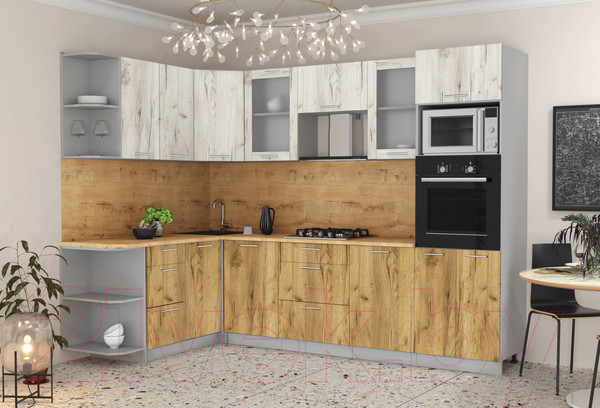 Изображение товара Кухонный гарнитур Интерлиния Мила 1.68x2.8 левая (дуб белый/дуб золотой/дуб бунратти)