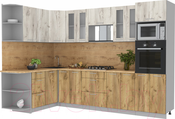 Изображение товара Кухонный гарнитур Интерлиния Мила 1.68x3.0 левая (дуб белый/дуб золотой/дуб бунратти)