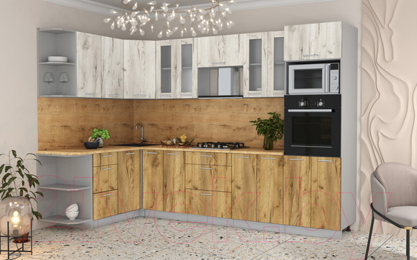 Изображение товара Кухонный гарнитур Интерлиния Мила 1.68x3.0 левая (дуб белый/дуб золотой/дуб бунратти)