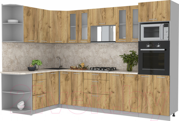 Изображение товара Кухонный гарнитур Интерлиния Мила 1.68x3.0 левая (дуб золотой/дуб золотой/опал светлый)