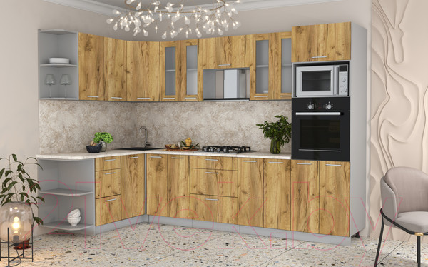 Изображение товара Кухонный гарнитур Интерлиния Мила 1.68x3.0 левая (дуб золотой/дуб золотой/опал светлый)