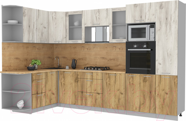 Изображение товара Кухонный гарнитур Интерлиния Мила 1.68x3.2 левая (дуб белый/дуб золотой/дуб бунратти)