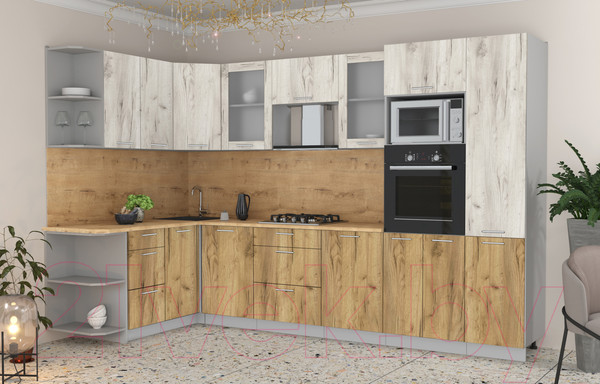 Изображение товара Кухонный гарнитур Интерлиния Мила 1.68x3.2 левая (дуб белый/дуб золотой/дуб бунратти)