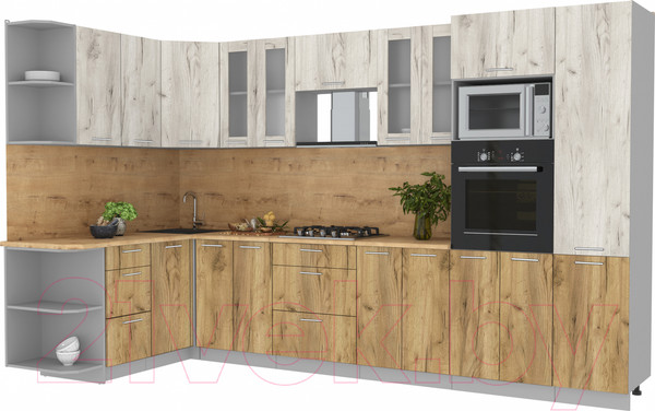 Изображение товара Кухонный гарнитур Интерлиния Мила 1.68x3.4 левая (дуб белый/дуб золотой/дуб бунратти)