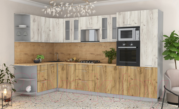 Изображение товара Кухонный гарнитур Интерлиния Мила 1.68x3.4 левая (дуб белый/дуб золотой/дуб бунратти)