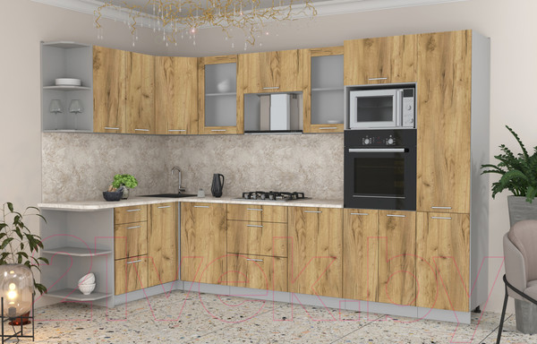 Изображение товара Кухонный гарнитур Интерлиния Мила 1.68x3.2 левая (дуб золотой/дуб золотой/опал светлый)