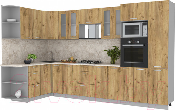 Изображение товара Кухонный гарнитур Интерлиния Мила 1.68x3.4 левая (дуб золотой/дуб золотой/опал светлый)