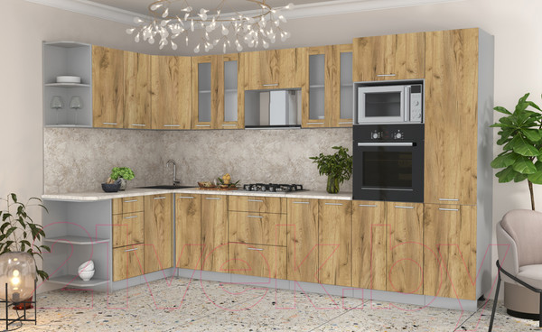 Изображение товара Кухонный гарнитур Интерлиния Мила 1.68x3.4 левая (дуб золотой/дуб золотой/опал светлый)