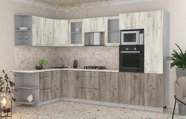 Изображение товара Кухонный гарнитур Интерлиния Мила 1.68x3.2 левая (дуб белый/дуб серый/опал светлый)