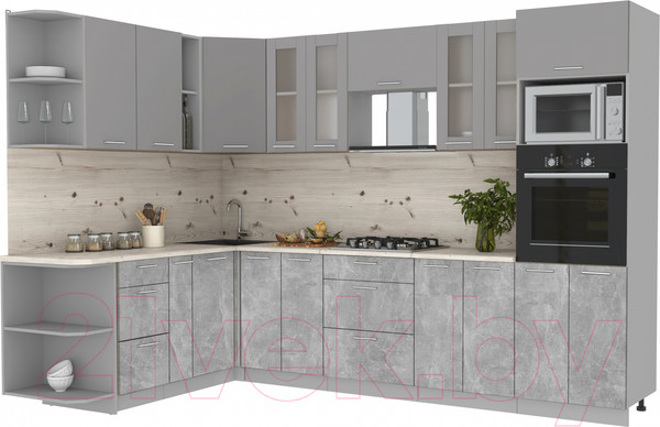 Изображение товара Кухонный гарнитур Интерлиния Мила 1.88x3.0 левая (серебристый/бетон/бискайская сосна)