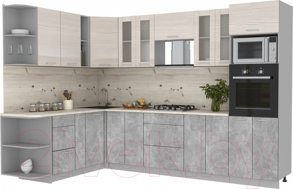 Изображение товара Кухонный гарнитур Интерлиния Мила 1.88x3.0 левая (вудлайн кремовый/бетон/бискайская сосна)