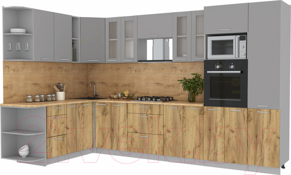 Изображение товара Кухонный гарнитур Интерлиния Мила 1.88x3.4 левая (серебристый/дуб золотой/дуб бунратти)