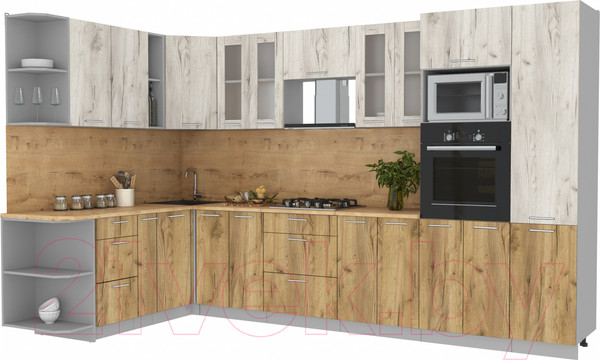 Изображение товара Кухонный гарнитур Интерлиния Мила 1.88x3.4 левая (дуб белый/дуб золотой/дуб бунратти)