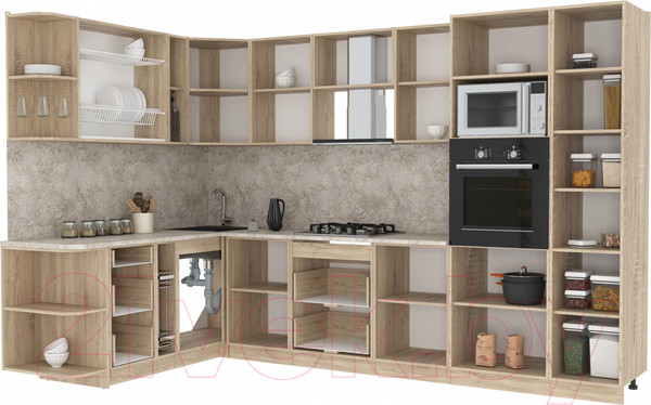 Изображение товара Кухонный гарнитур Интерлиния Мила 1.88x3.2 левая (дуб золотой/дуб золотой/опал светлый)