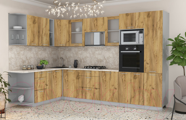 Изображение товара Кухонный гарнитур Интерлиния Мила 1.88x3.2 левая (дуб золотой/дуб золотой/опал светлый)