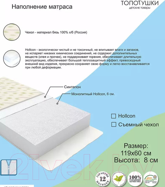 Изображение товара Матрас в кроватку Топотушки Комфорт 60x119 (бязь)