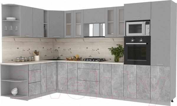 Изображение товара Кухонный гарнитур Интерлиния Мила 1.88x3.4 левая (серебристый/бетон/бискайская сосна)