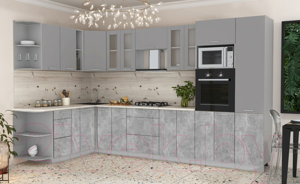 Изображение товара Кухонный гарнитур Интерлиния Мила 1.88x3.4 левая (серебристый/бетон/бискайская сосна)