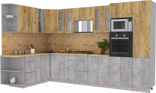 Изображение товара Кухонный гарнитур Интерлиния Мила 1.88x3.4 левая (дуб золотой/бетон/дуб бунратти)