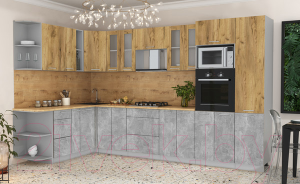 Изображение товара Кухонный гарнитур Интерлиния Мила 1.88x3.4 левая (дуб золотой/бетон/дуб бунратти)