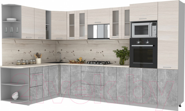 Изображение товара Кухонный гарнитур Интерлиния Мила 1.88x3.4 левая (вудлайн кремовый/бетон/бискайская сосна)