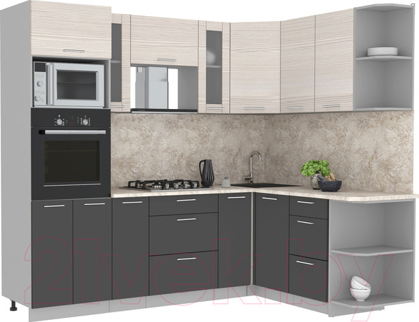 Изображение товара Кухонный гарнитур Интерлиния Мила 1.68x2.4 правая (вудлайн кремовый/антрацит/опал светлый)