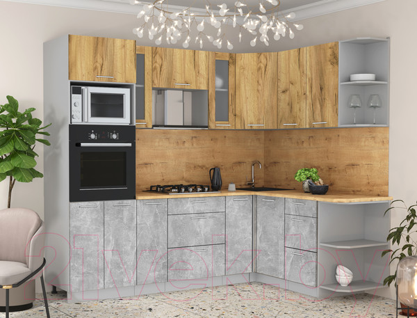 Изображение товара Кухонный гарнитур Интерлиния Мила 1.68x2.4 правая (дуб золотой/бетон/дуб бунратти)