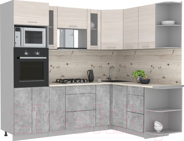 Изображение товара Кухонный гарнитур Интерлиния Мила 1.68x2.4 правая (вудлайн кремовый/бетон/бискайская сосна)