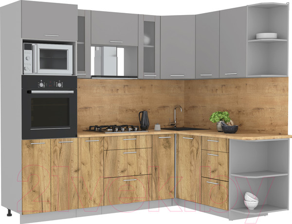 Изображение товара Кухонный гарнитур Интерлиния Мила 1.68x2.4 правая (серебристый/дуб золотой/дуб бунратти)