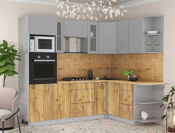 Изображение товара Кухонный гарнитур Интерлиния Мила 1.68x2.4 правая (серебристый/дуб золотой/дуб бунратти)