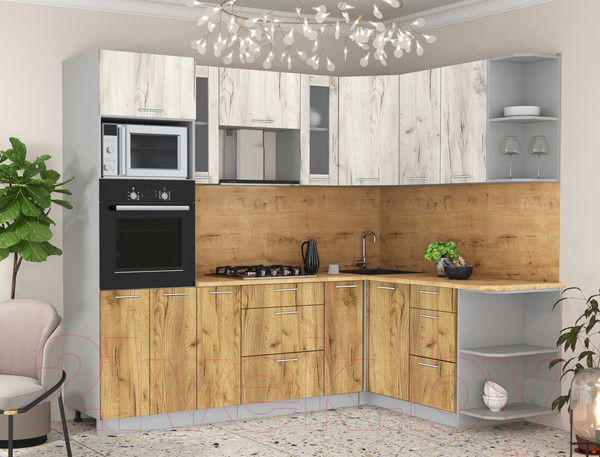 Изображение товара Кухонный гарнитур Интерлиния Мила 1.68x2.4 правая (дуб белый/дуб золотой/дуб бунратти)