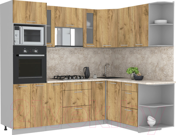 Изображение товара Кухонный гарнитур Интерлиния Мила 1.68x2.4 правая (дуб золотой/дуб золотой/опал светлый)