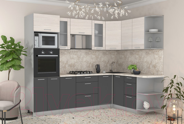 Изображение товара Кухонный гарнитур Интерлиния Мила 1.68x2.6 правая (вудлайн кремовый/антрацит/опал светлый)