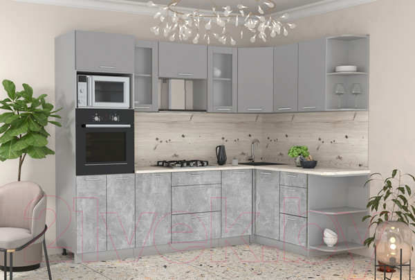 Изображение товара Кухонный гарнитур Интерлиния Мила 1.68x2.6 правая (серебристый/бетон/бискайская сосна)