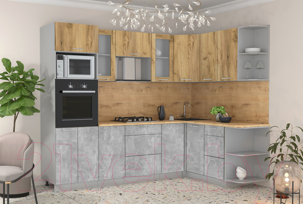 Изображение товара Кухонный гарнитур Интерлиния Мила 1.68x2.6 правая (дуб золотой/бетон/дуб бунратти)