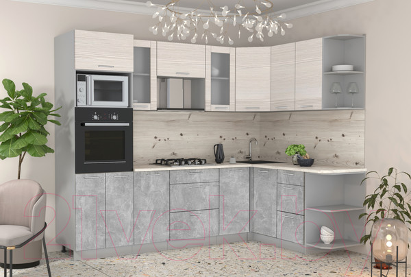 Изображение товара Кухонный гарнитур Интерлиния Мила 1.68x2.6 правая (вудлайн кремовый/бетон/бискайская сосна)