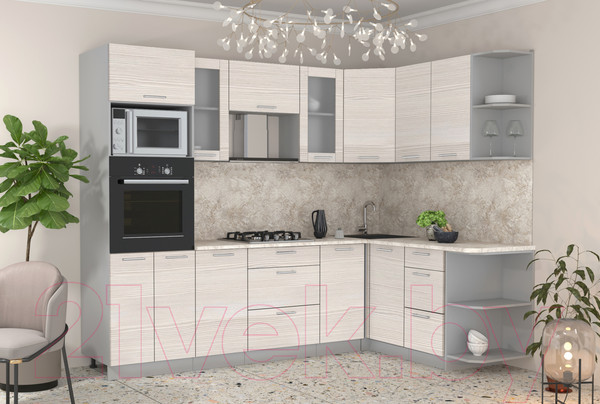 Изображение товара Кухонный гарнитур Интерлиния Мила 1.68x2.6 правая (вудлайн кремовый/вудлайн кремовый/опал светлый)