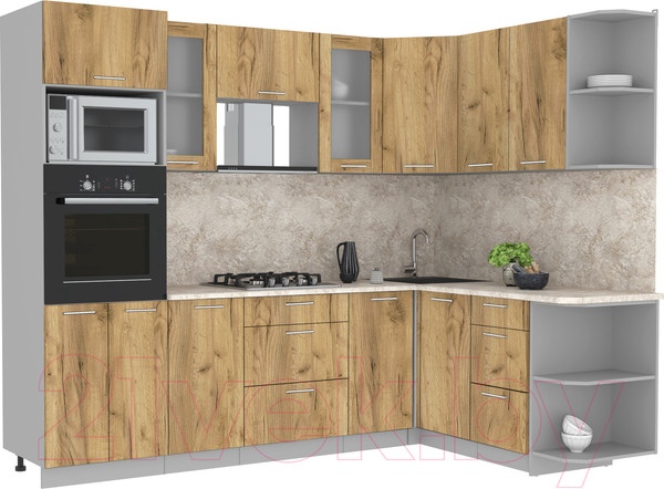 Изображение товара Кухонный гарнитур Интерлиния Мила 1.68x2.6 правая (дуб золотой/дуб золотой/ опал светлый)