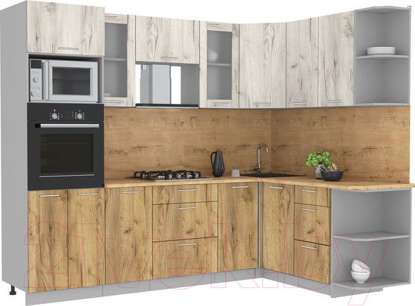 Изображение товара Кухонный гарнитур Интерлиния Мила 1.68x2.6 правая (дуб белый/дуб золотой/дуб бунратти)