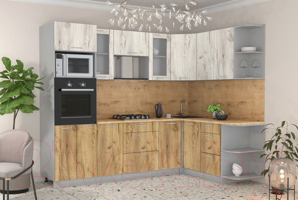 Изображение товара Кухонный гарнитур Интерлиния Мила 1.68x2.6 правая (дуб белый/дуб золотой/дуб бунратти)