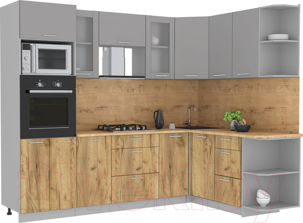 Изображение товара Кухонный гарнитур Интерлиния Мила 1.68x2.6 правая (серебристый/дуб золотой/дуб бунратти)