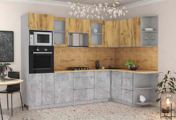 Изображение товара Кухонный гарнитур Интерлиния Мила 1.68x2.8 правая (дуб золотой/бетон/дуб бунратти)
