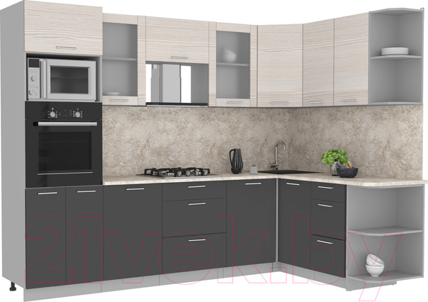 Изображение товара Кухонный гарнитур Интерлиния Мила 1.68x2.8 правая (вудлайн кремовый/антрацит/опал светлый)