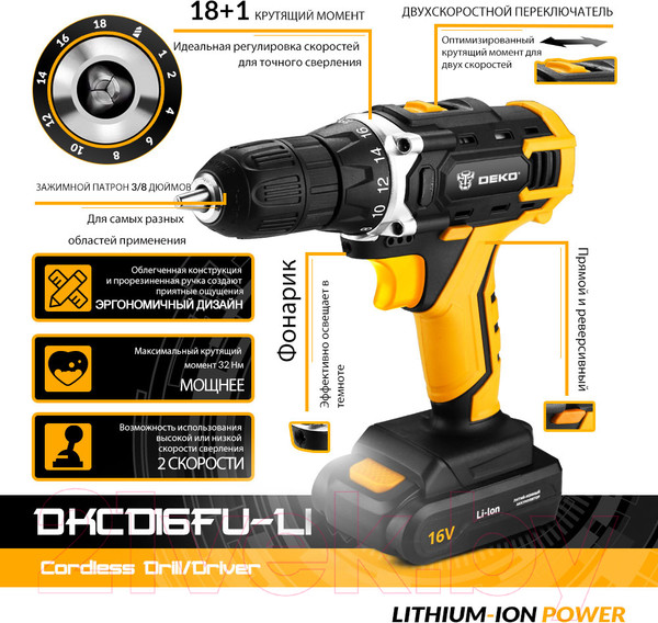 Изображение товара Аккумуляторная дрель-шуруповерт Deko DKCD16FU-Li Set 63 / 063-4099