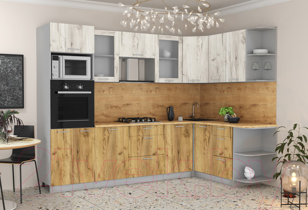 Изображение товара Кухонный гарнитур Интерлиния Мила 1.68x2.8 правая (дуб белый/дуб золотой/дуб бунратти)