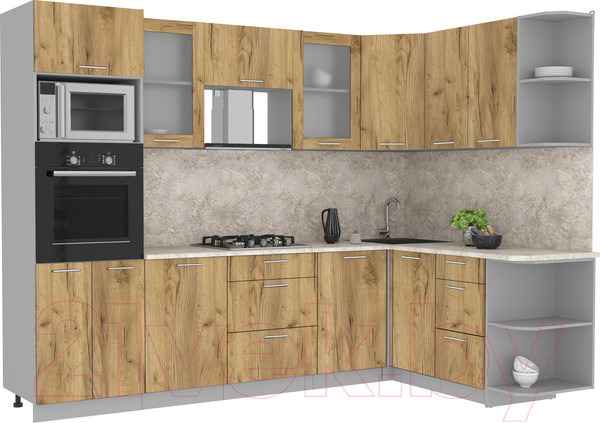 Изображение товара Кухонный гарнитур Интерлиния Мила 1.68x2.8 правая (дуб золотой/дуб золотой/опал светлый)