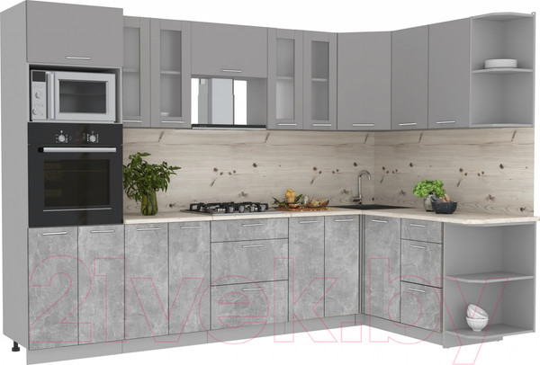 Изображение товара Кухонный гарнитур Интерлиния Мила 1.68x3.0 правая (серебристый/бетон/бискайская сосна)