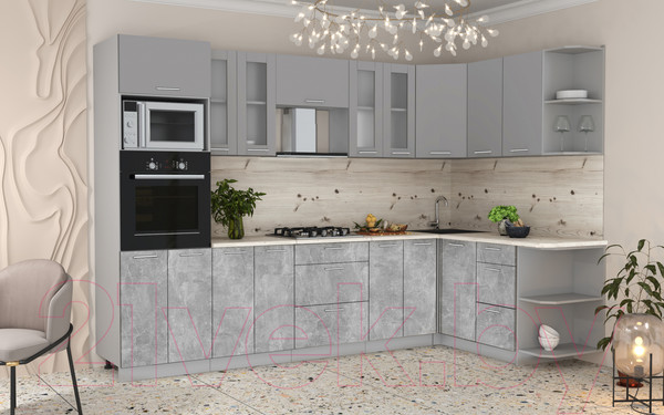 Изображение товара Кухонный гарнитур Интерлиния Мила 1.68x3.0 правая (серебристый/бетон/бискайская сосна)